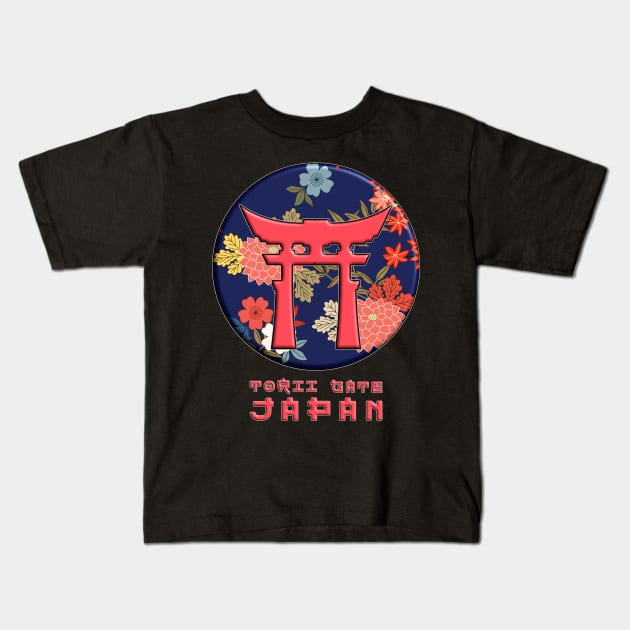 Torii Gate Shinto Japan Asian Culture Red Floral Pattern Chrysanthemum Cherry Blossom 55 Kids T-Shirt by dvongart